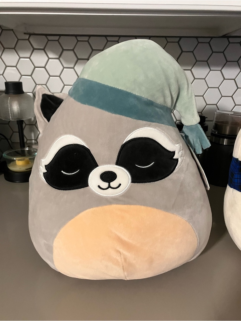 Squishmallows Gray Raccoon with Mint Sleep Hat